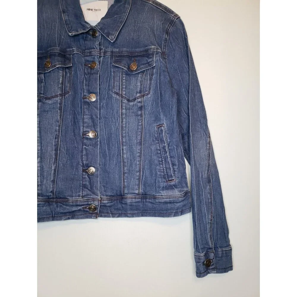 Nine West Womens M Trucker Jean Jacket Button Front Blue Denim Pocket Crinkle - Picture 3 of 6